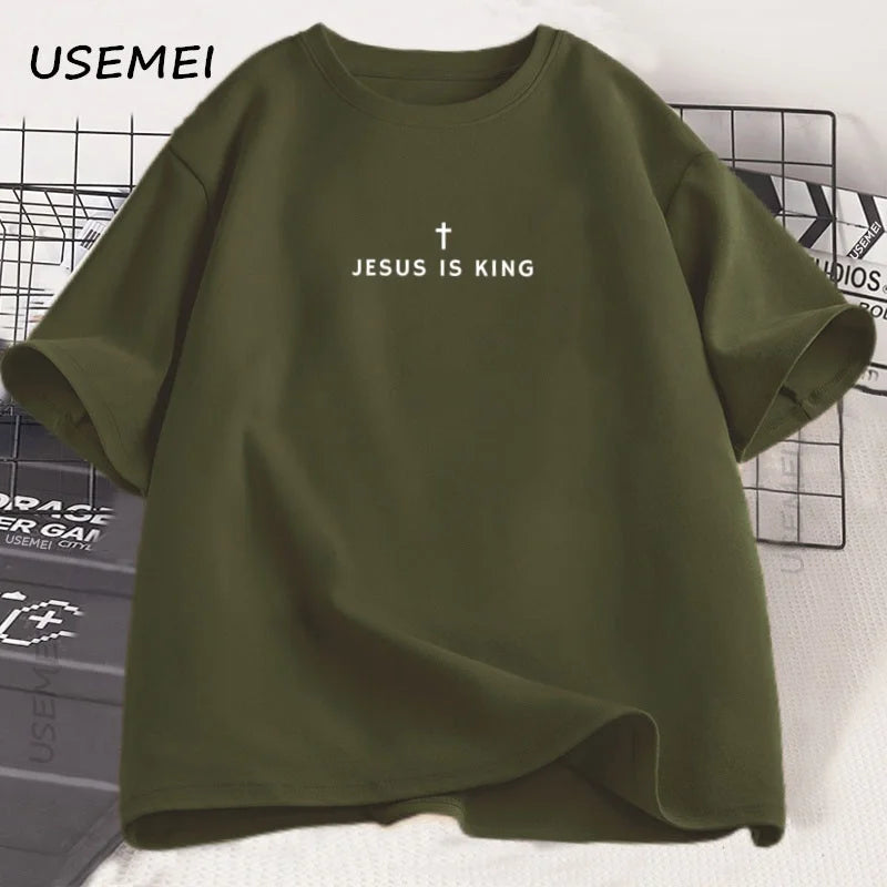 Tricou din bumbac, cu imprimeu religios „Jesus Is King”