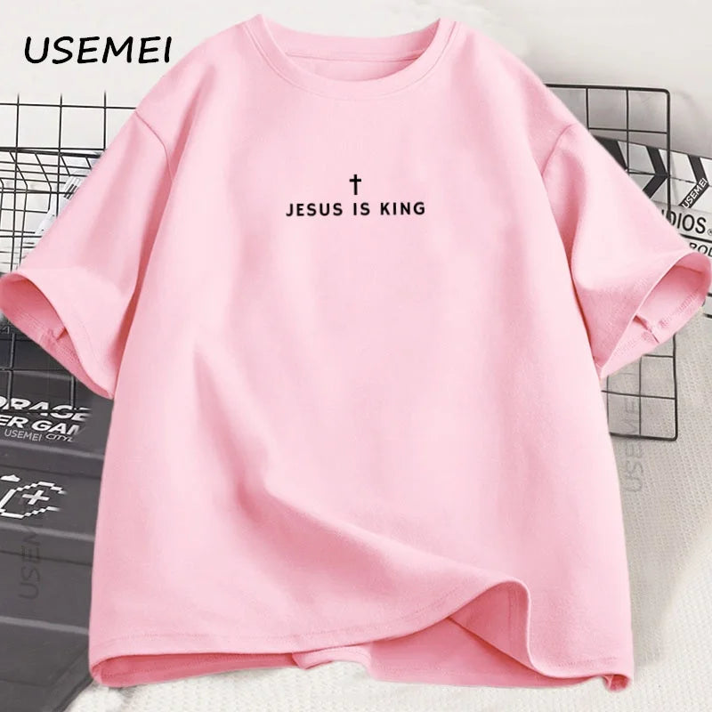 Tricou din bumbac, cu imprimeu religios „Jesus Is King”
