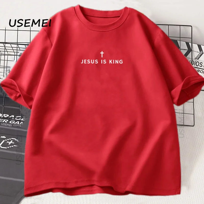 Tricou din bumbac, cu imprimeu religios „Jesus Is King”