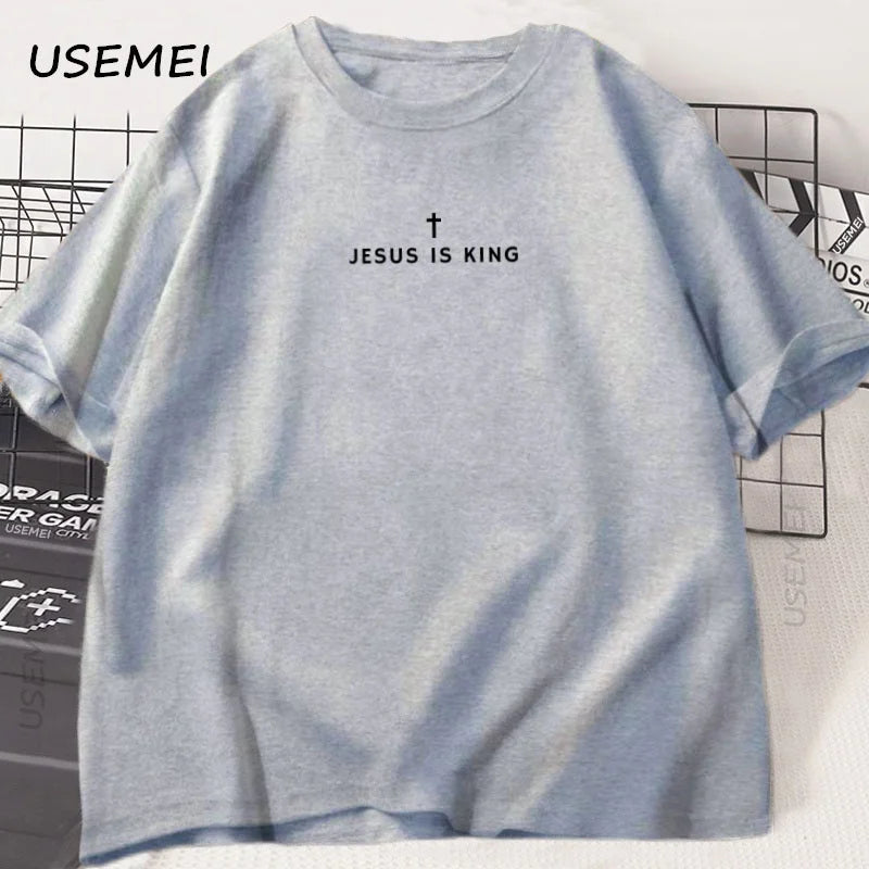 Tricou din bumbac, cu imprimeu religios „Jesus Is King”