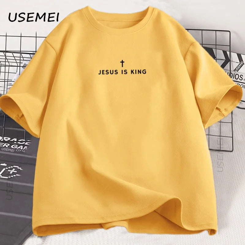 Tricou din bumbac, cu imprimeu religios „Jesus Is King”