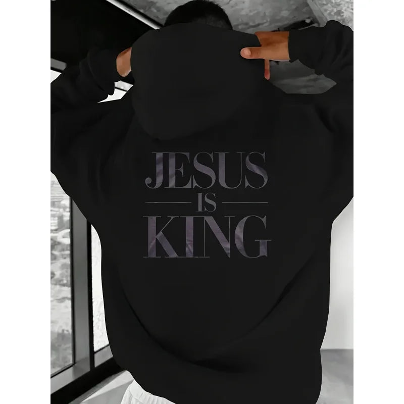 Hanorac bărbătesc cu imprimeu religios „Jesus Is King”
