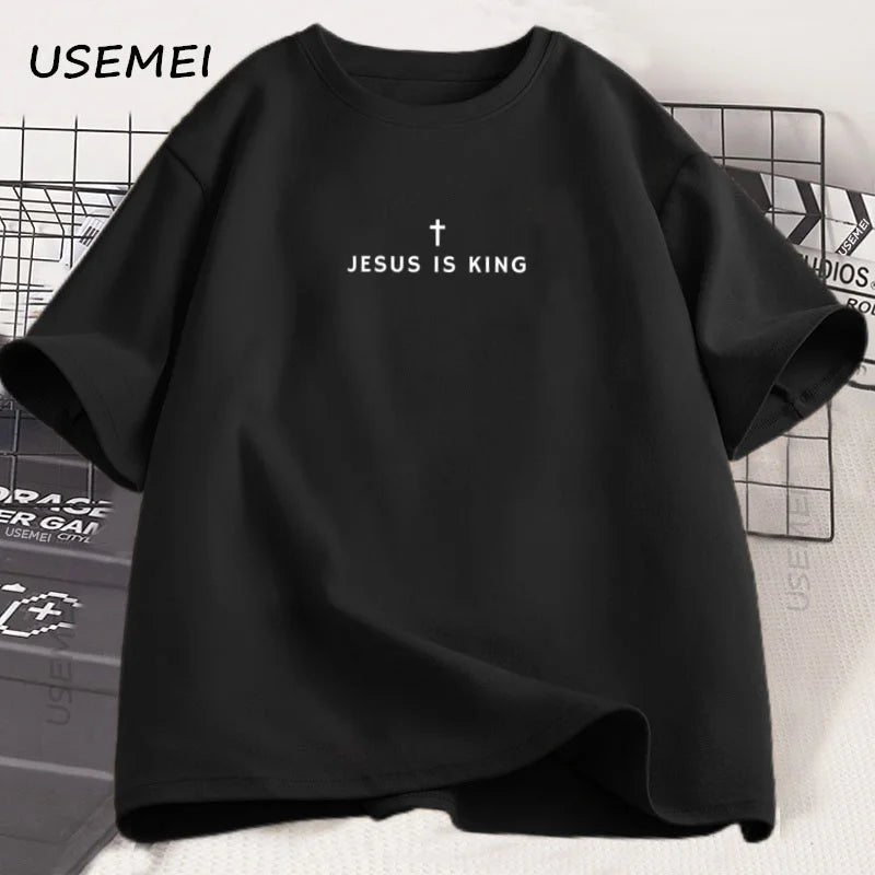 Tricou din bumbac, cu imprimeu religios „Jesus Is King”