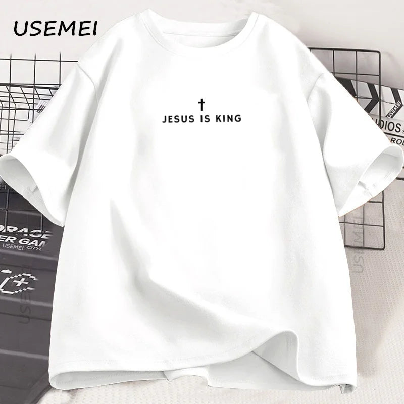 Tricou din bumbac, cu imprimeu religios „Jesus Is King”