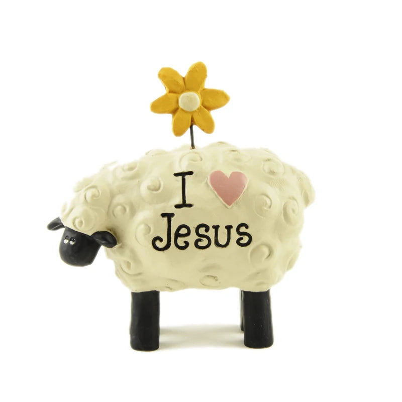 Statuetă creștină din rășină cu oiță și mesajul „I Love Jesus”