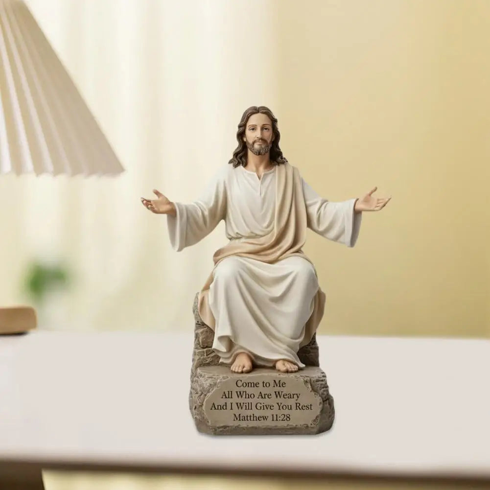 Statuetă creștină cu Isus și verset biblic, din rășină