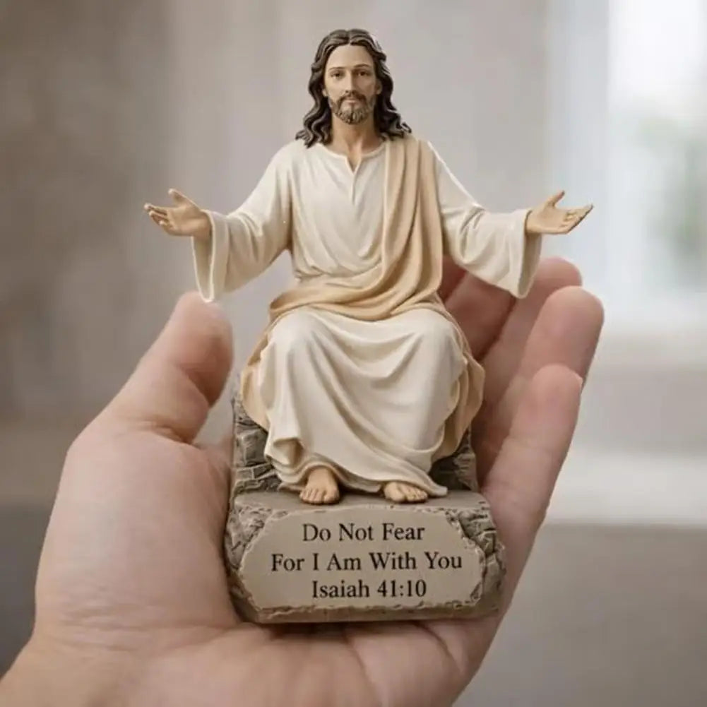 Statuetă creștină cu Isus și verset biblic, din rășină