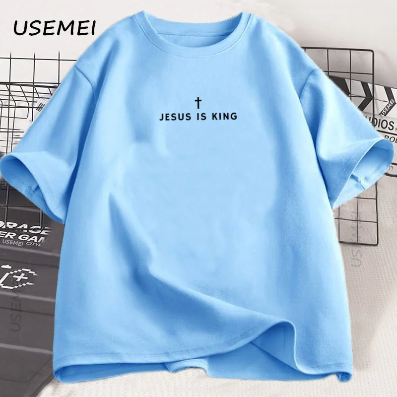 Tricou din bumbac, cu imprimeu religios „Jesus Is King”