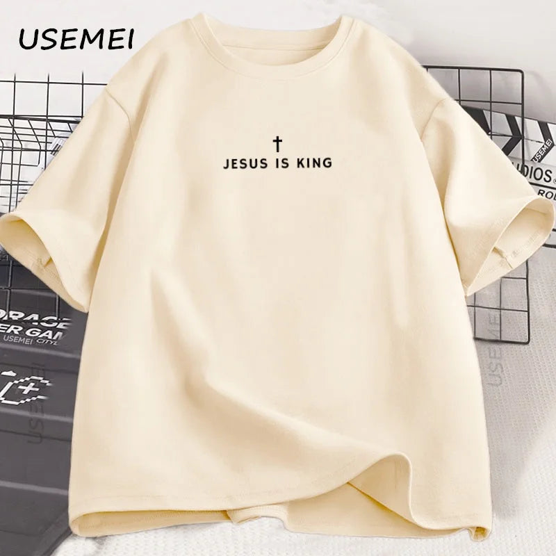 Tricou din bumbac, cu imprimeu religios „Jesus Is King”