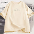 Tricou din bumbac, cu imprimeu religios „Jesus Is King”