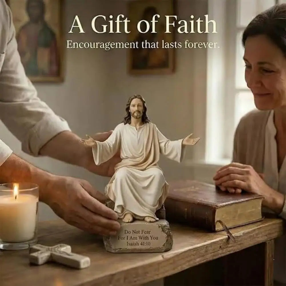Statuetă creștină cu Isus și verset biblic, din rășină