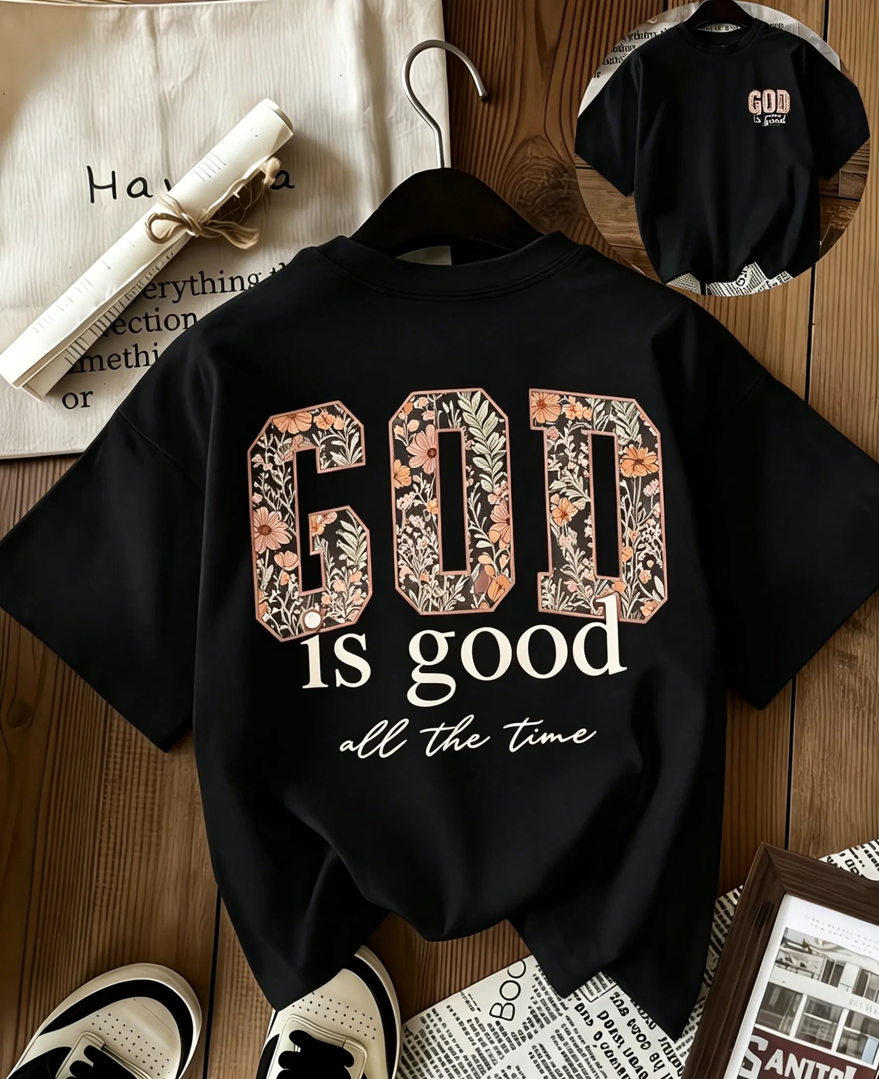 Tricou damă creștin cu imprimeu floral „God Is Good All The Time”