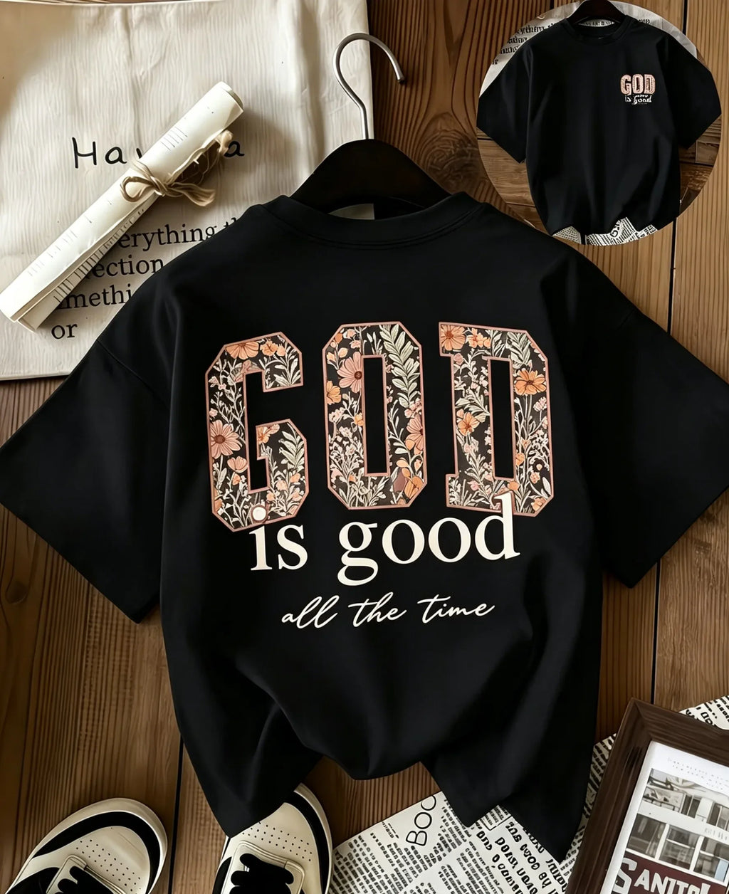 Tricou damă creștin cu imprimeu floral „God Is Good All The Time”