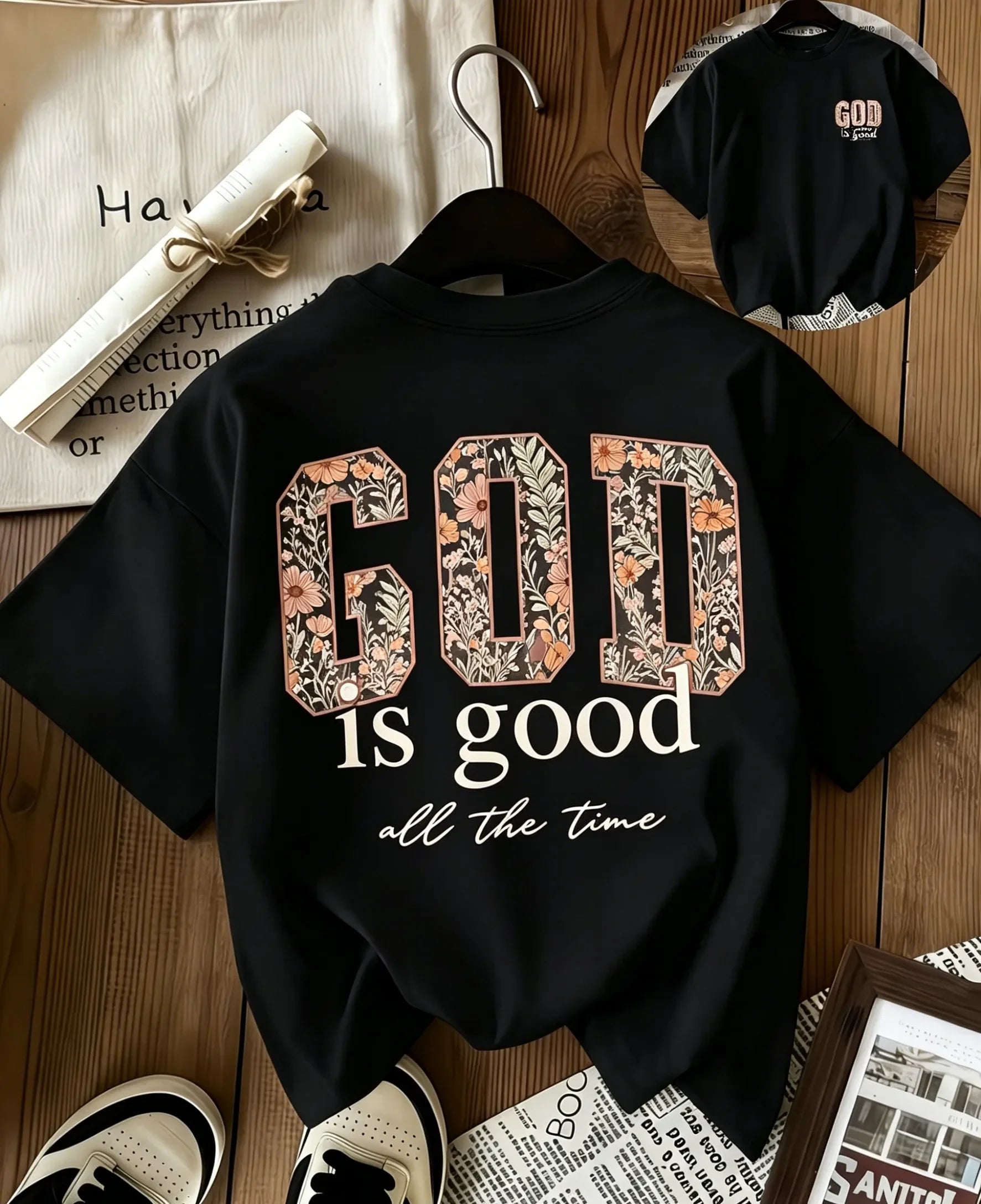 Tricou damă creștin cu imprimeu floral „God Is Good All The Time”